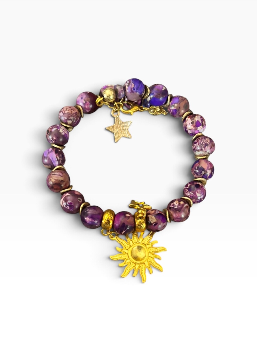 Gold Sun Charm Purple Beaded Bracelet